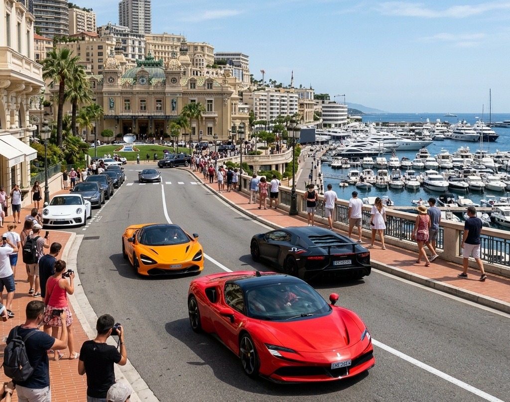 A Ferrari 488 GT Bianchi and a Ferrari 488 GT3 parked on a street in Monaco, showcasing their sleek designs.