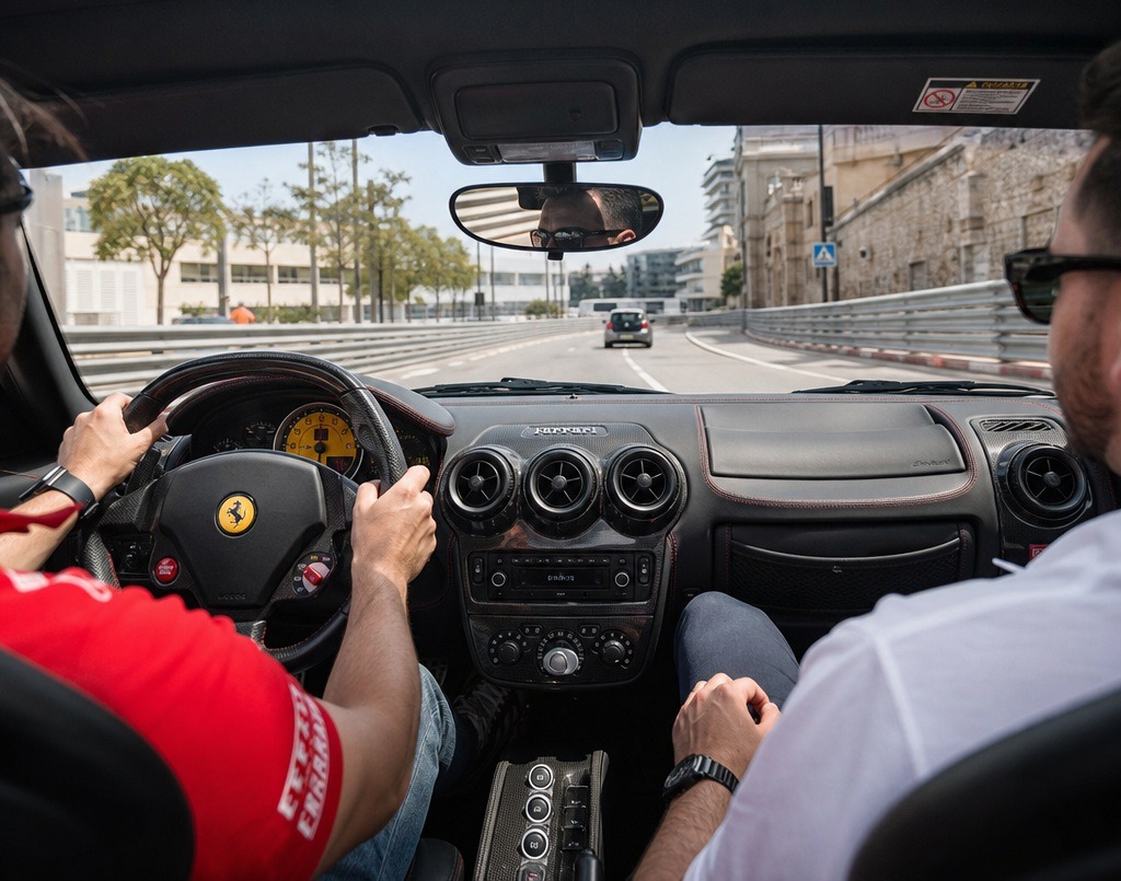 Inside a Ferrari sportscar, two men are focused on driving down a winding road surrounded by greenery in Monaco.